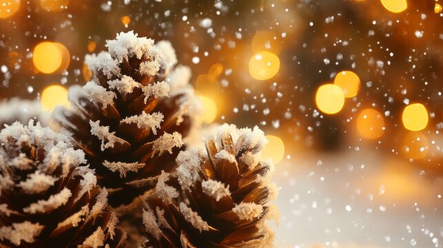 Close-up of snow-covered pine cones on fir branches with falling snow and a magical golden bokeh in the light of fairy lights. Winter, Christmas, and New Year's background.