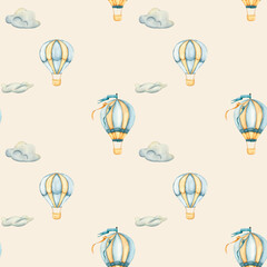 Seamless pattern with hot air balloons. Watercolor illustration with hot air Balloons. Watercolor hand drawn illustration in beige background for nursery wallpaper, kids goods, fabric, wrapping paper