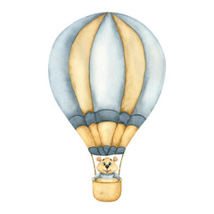 Kids Toy Teddy Bear on a Hot air Balloon. Watercolor kids illustration of a hot air Balloon in blue and beige colors and Cute Teddy Bear. Teddy Bear on a Hot air Balloon for kids goods, children room