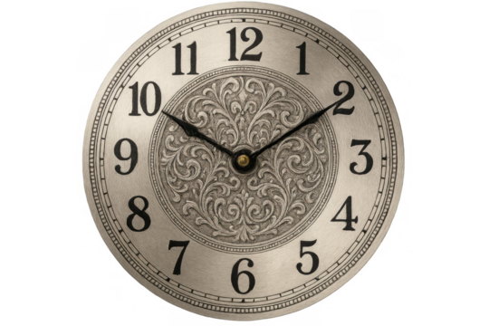 Vintage clock face showing time with ornate decorative engraving and classic roman numerals, isolated on transparent background - Powered by Adobe