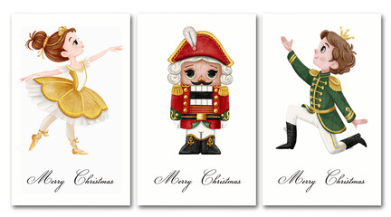 Postcards featuring a ballerina, a nutcracker, and a prince, painted in a soft watercolor style. Perfect for holiday cards, children’s designs, and festive themed prints.
