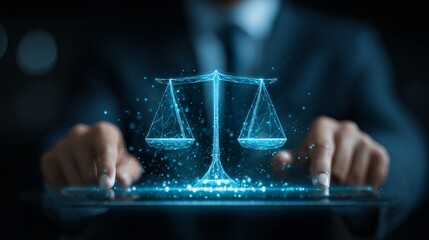 Professional businessman interacts with glowing digital scales of justice projection on tablet interface for legal tech concept