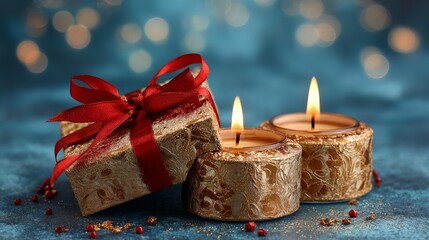 Stunning golden gift box rests beside warm flickering candles creating a magical, festive holiday atmosphere