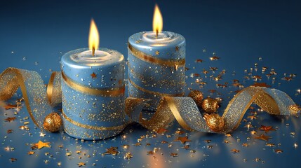 Stunning deep blue holiday candles glow warmly beside shimmering gold ribbon and scattered stars for elegant celebration decor