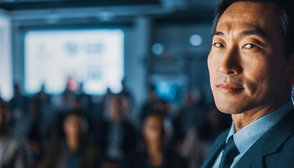 Confident male speaker standing before an audience during a business conference.
