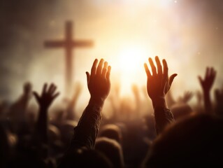 Service Background: Hands Reaching Up in Surrender Against a Blurred Cross, Expressing Faith and Worship in the Light of Christ