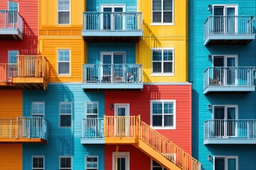 Vibrant Social Housing: Colorful Apartment Building with Unique Block-Shaped Balconies in Urban Setting