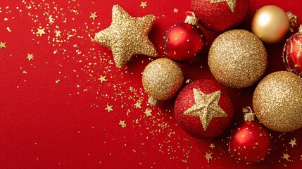 Sparkling gold and red Christmas ornaments and glitter stars scattered on a festive red background creating a luxurious holiday celebration scene