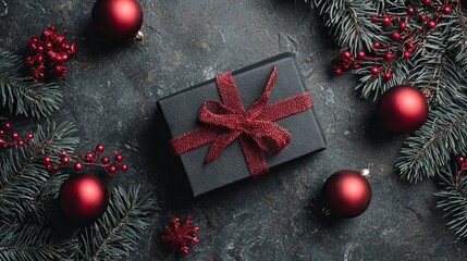 Elegant black gift box with red ribbon surrounded by festive fir branches, baubles, and berries, perfect for holiday campaigns and seasonal promotions