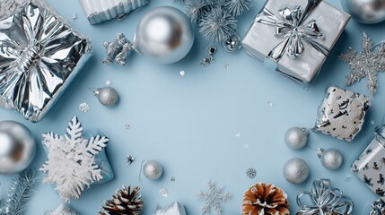 Stunning silver Christmas ornaments and wrapped gifts on powder blue background, creating a festive holiday season flat lay with copy space for your message