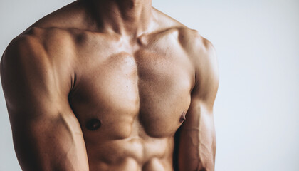 Close-up of a fit young man's muscular torso with defined abs and chest on a neutral background.