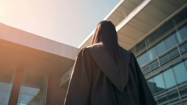 Graduate in cap and gown standing outside modern university