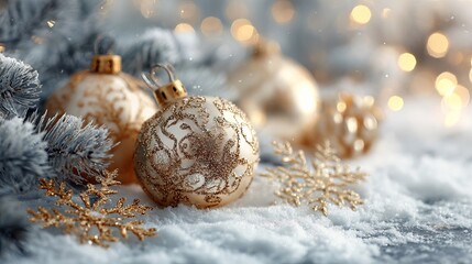 Elegant golden Christmas ornaments and snowflakes sparkling in snow, a magical holiday scene perfect for festive celebrations and seasonal greetings