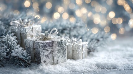 Sparkling silver Christmas gifts nestled in snow with dreamy bokeh lights create a magical holiday mood for festive celebrations and seasonal promotions