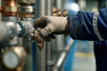 A gloved hand adjusts a valve on metal pipes in a factory setting.