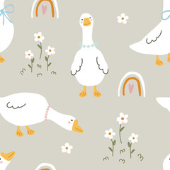 Seamless pattern with cute goose with rainbow. Vector illustration for printing. Cute baby background for girls.