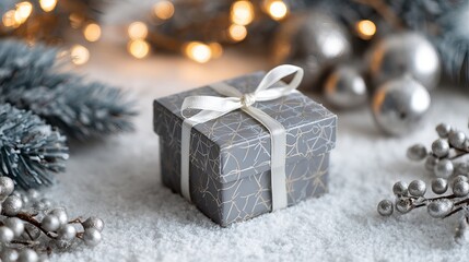 Elegant gray gift box tied with white ribbon surrounded by festive silver ornaments and snowy pine for a cozy Christmas celebration