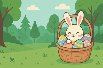Easter Bunny in a Basket with colorful eggs, Forest background, vector illustration. Happy Easter banner with copy space