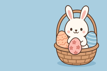 Cute Easter bunny holding a decorated egg inside of a basket filled with easter eggs, isolated on blue background, vector banner illustration