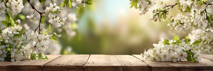 Sunny Spring Scene Featuring a White Garden with Blossoms and a Rustic Wooden Table