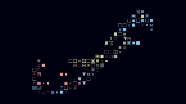 Bermuda map animation. Shape of the country with pulsating colored dots. Large size square blocks. Digital style Bermuda map on dark background. Vibrant video.