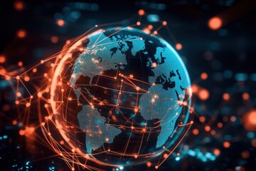 A digital world globe glows with connected lines and dots showing global network links.