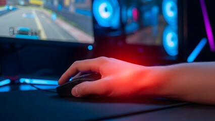 Gamer's hand on mouse, playing an intense racing video game on a vibrant, illuminated RGB computer setup