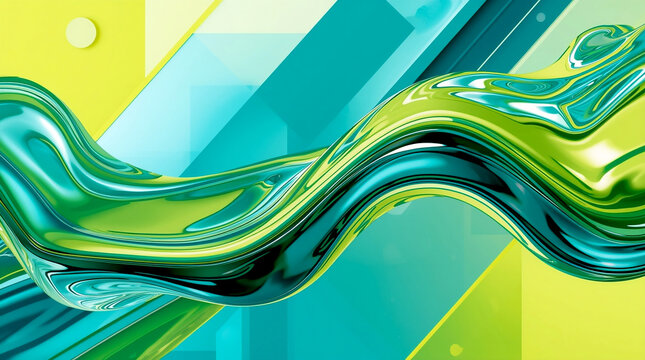 Bright abstract geometric background with layered translucent shapes in lime green and turquoise tones, combined with glossy flowing elements, creating a modern vibrant futuristic design