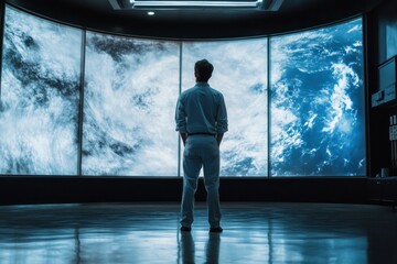 A person stands watching a large screen display of planet earth and swirling clouds.