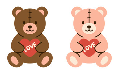 Vector set of two cute teddy bear characters holding red heart with love text on white background. Adorable Valentines day toy illustration for greeting card, kid product and romantic holiday design.