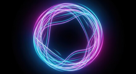 Colorful Neon Circular Light Artwork with Interwoven Loops in Dark Background.