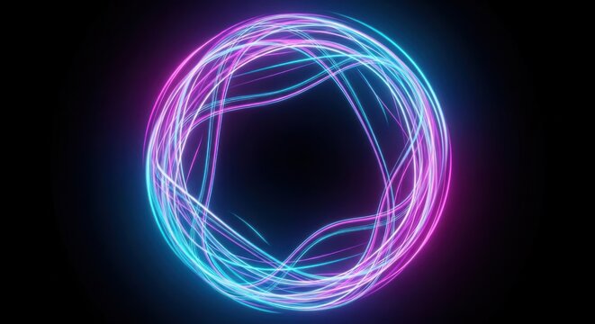 Colorful Neon Circular Light Artwork with Interwoven Loops in Dark Background.