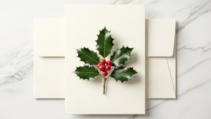 Elegant holiday card mockup featuring fresh holly branch with red berries on white envelope and marble. Festive Christmas stationery design concept with nature elements and luxury stone background.