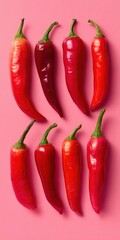 Vibrant Arrangement of Fresh Red Chili Peppers Laid Out on a Pink Backdrop