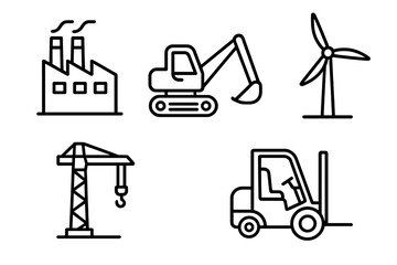 Icons representing industrial machinery, construction, manufacturing, and renewable energy