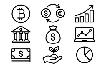 Financial and business icons set featuring cryptocurrency, banking, investment, and growth charts
