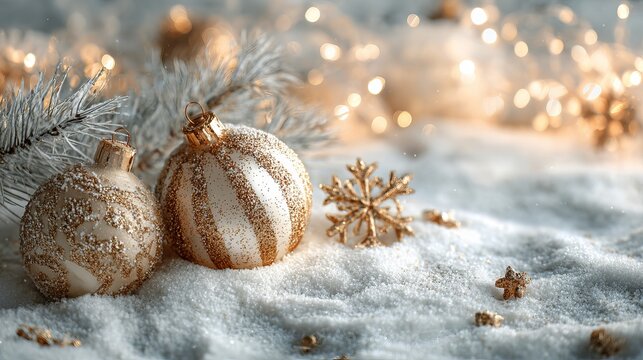 Stunning close up of elegant gold glitter Christmas ornaments resting beautifully in soft white snow with warm bokeh lights - Powered by Adobe