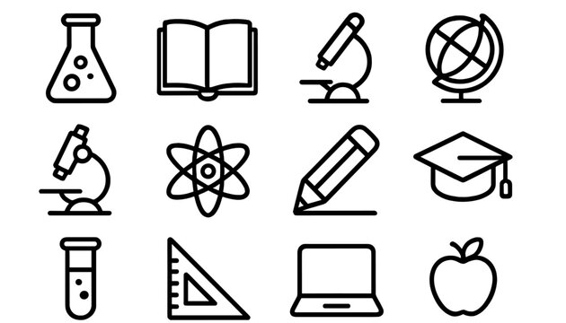 Essential outline icons set for education, science, and academic subjects