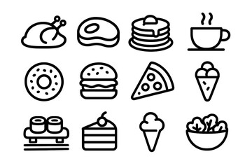 Minimalist outline icons collection featuring twelve symbols for meals, snacks, and beverages