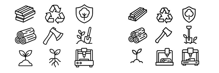 Sustainable forestry and woodworking concepts: lumber, recycling, planting, and tools