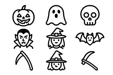 Set of spooky Halloween characters and objects in outline style on white background