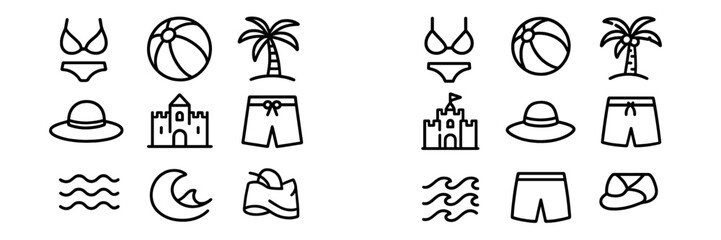 Summer vacation and beach holiday essentials including swimwear, sandcastle, palm tree, and ocean waves