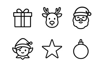 Festive Christmas holiday symbols including Santa Claus, reindeer, elf, and gift box