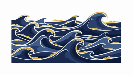 Stylized ocean waves with golden crests creating a dynamic blue marine pattern. Decorative ocean waves feature swirling deep blue water with white foam lines and glittering gold details.