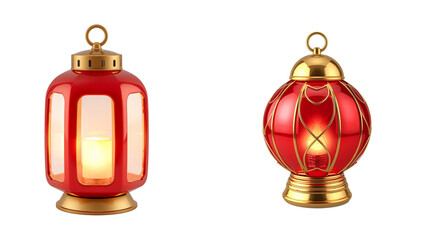 Red and gold Christmas lantern with soft glow, glossy 3D decorative style, smooth gradients, perfect for festive holiday creative projects isolated transparent background, editable vector artwork 
