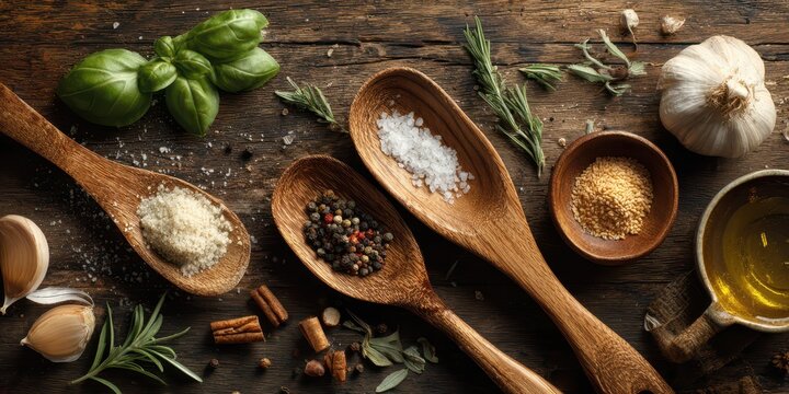 Rustic Cooking Essentials: Wooden Spoon Surrounded by Fresh Ingredients for Italian Meal Preparation
