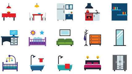 Colorful flat design icons depicting various household furniture and room elements