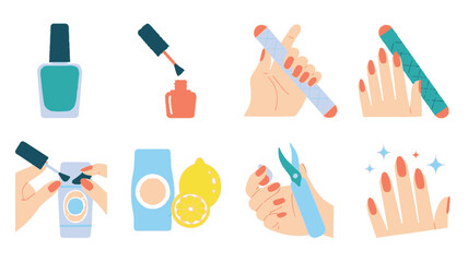 Colorful manicure tools and painted nails a complete nail care illustration