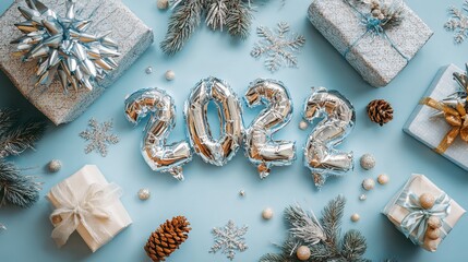 Celebrate the New Year with shimmering 2022 balloons festive gifts and winter decor creating an elegant holiday atmosphere