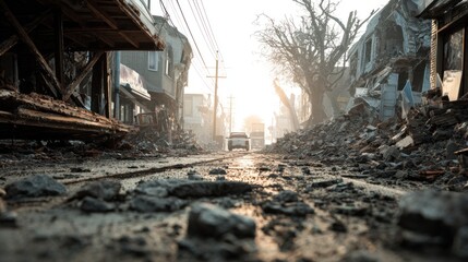 Fototapeta premium Cityscape view of a devastated urban street after an earthquake calamity